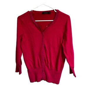 The limited large pink cardigan sweater ruffle neckline button front 1/2 sleeve